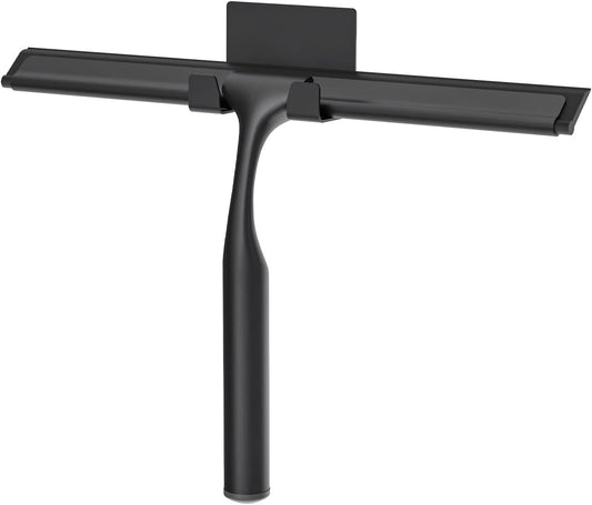 Stainless Steel Shower Squeegee for Glass Doors, Multi-Purpose Squeegee for Shower Glass, Bathroom and Car Windows, Squeegee with Adhesive Hook-10”, Black