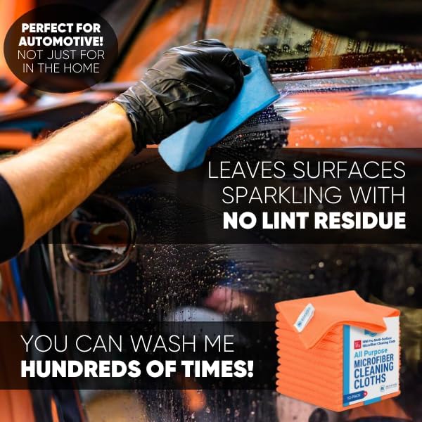 12" x 12" MW Pro Multi-Surface Microfiber Cleaning Cloths | Orange - 12 Pack | Premium Microfiber Towels for Cleaning Glass, Kitchens, Bathrooms, Automotive, Supplies & Products