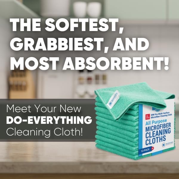 12" x 12" MW Pro Multi-Surface Microfiber Cleaning Cloths | Green - 12 Pack | Premium Microfiber Towels for Cleaning Glass, Kitchens, Bathrooms, Automotive, Supplies & Products