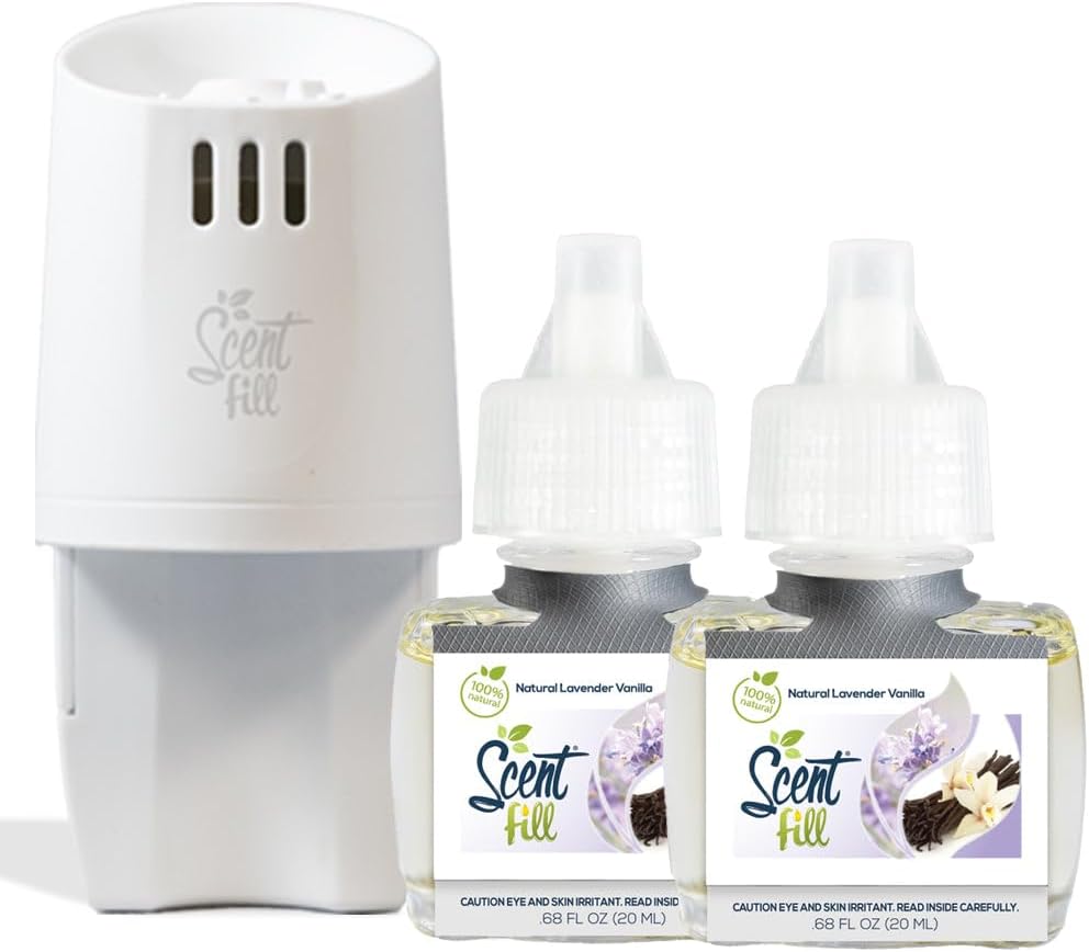 Scent Fill 100% Natural Lavender Vanilla Plug in Air Freshener, Scented Oil Refills, 2 Refills + Diffuser