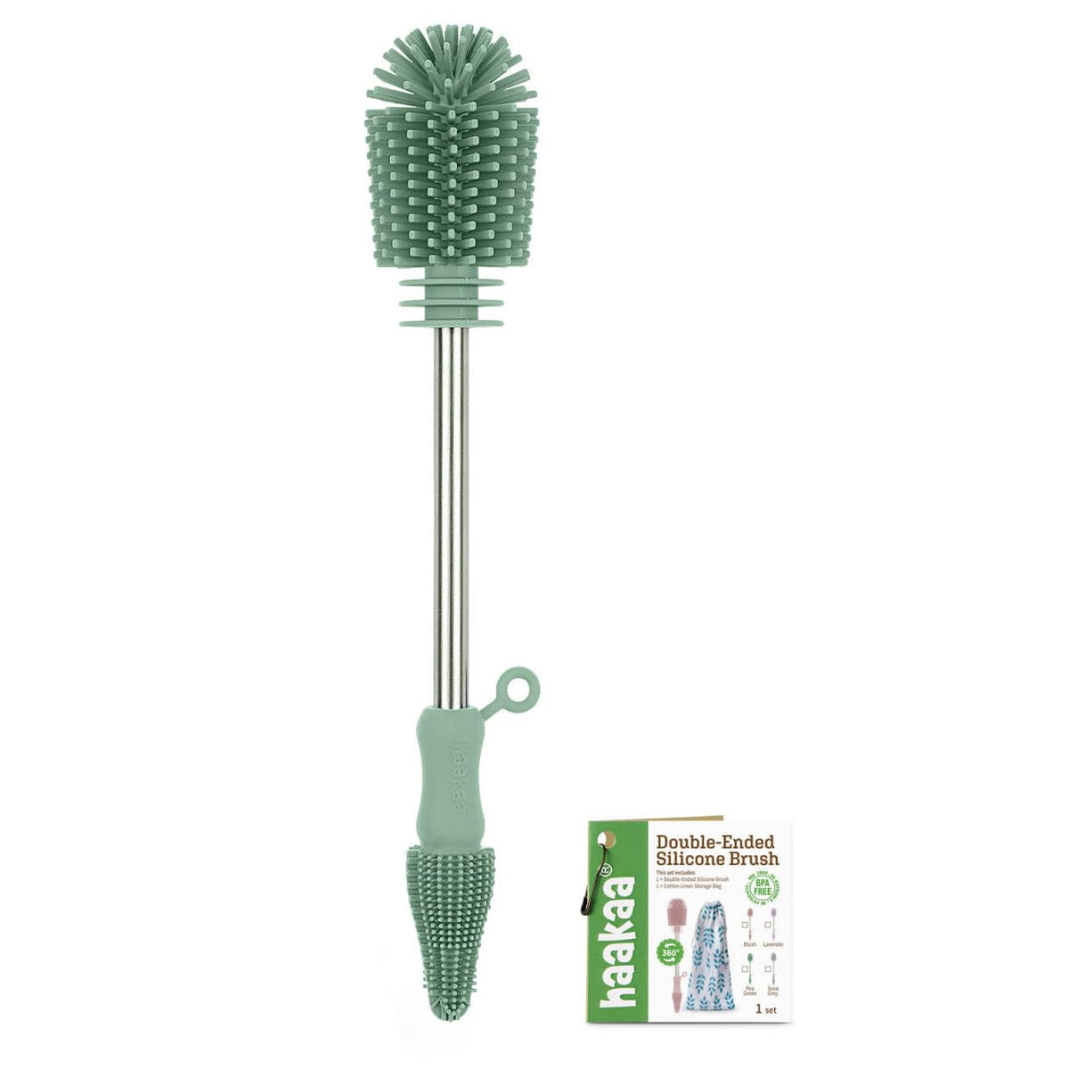 haakaa Cleaning Brush Silicone Bottle Brush Double-Ended Soft Silicone Bristles for Breast Pumps, Breast Milk Collectors, Baby Bottles, Teats, Breastmilk Storage Bags, Pea Green-1pk
