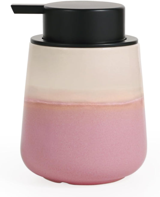 INGOFIN Ceramic Hand Soap Dispenser - 12 oz Liquid Lotion Dispenser Bathroom, Refillable Modern Dish Soap Dispenser with Pump for Kitchen, Beige and Pink