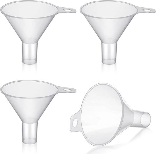 4 Packs Small Plastic Funnel for Filling Small Bottles 2.56 Inch Clear Wide Mouth Plastic Funnel for Filling Water Powder Essential Oils Perfumes Kitchen Bath Garage Use