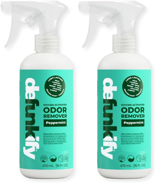 Odor Remover Spray, 16oz (2-Pack). 'Peppermint' Essential Oil Odor Eliminator for Strong Odors on Fabric, Shoes, Activewear. 'ProvenSafe' Deodorizer for Pets, Kids & Sensitive Gear w/Ionic Silver