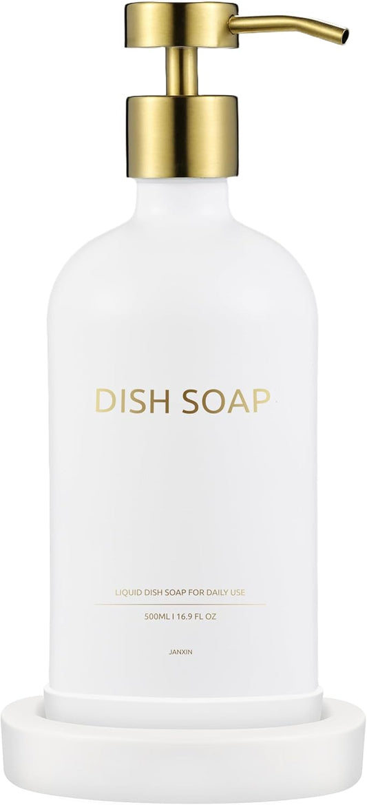 Glass Soap Dispenser Set by Janxin,Bathroom Soap Dispenser Set with Ceramic Tray,Luxury Bathroom Accessories,Modern Kitchen Decor (White+Gold(Dish Soap))
