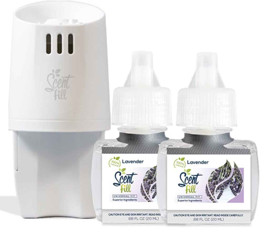 Scent Fill 100% Natural Lavender Plug in Air Freshener, Scented Oil Refills, 2 Refills + Diffuser