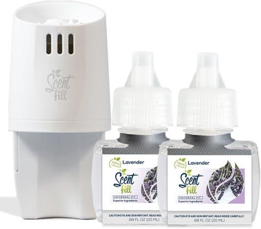 Scent Fill 100% Natural Lavender Plug in Air Freshener, Scented Oil Refills, 2 Refills + Diffuser