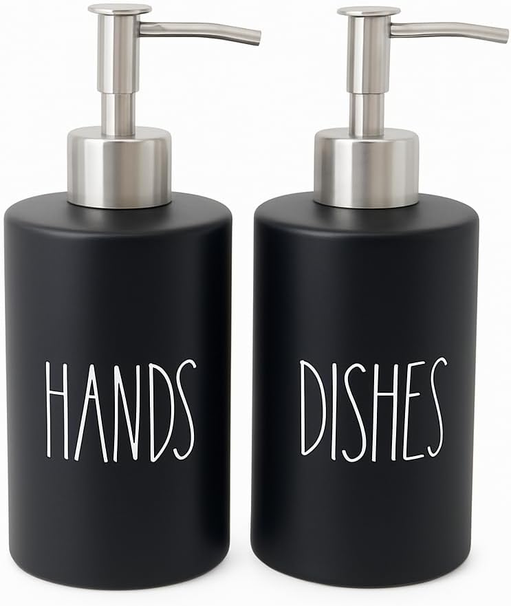 Modern Farmhouse Ceramic Dishes and Hands Soap Dispenser Set for Kitchen | Stainless Steel Pumps | 14oz, Black Bottles | Kitchen Décor for Counter