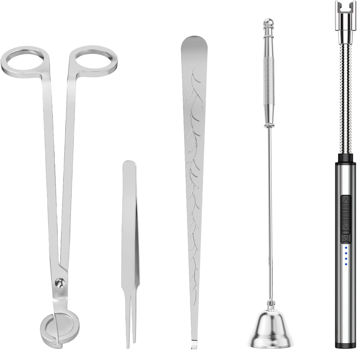 5 in 1 Candle Accessory Set,Candle Wick Trimmer Cutter,Candle Wick Dipper,Candle Wick Snuffer,Rechargeable Candle Lighter,Tweezers,Stainless Steel Candle Care Kit Home Gift for Aromatherapy(Silver)