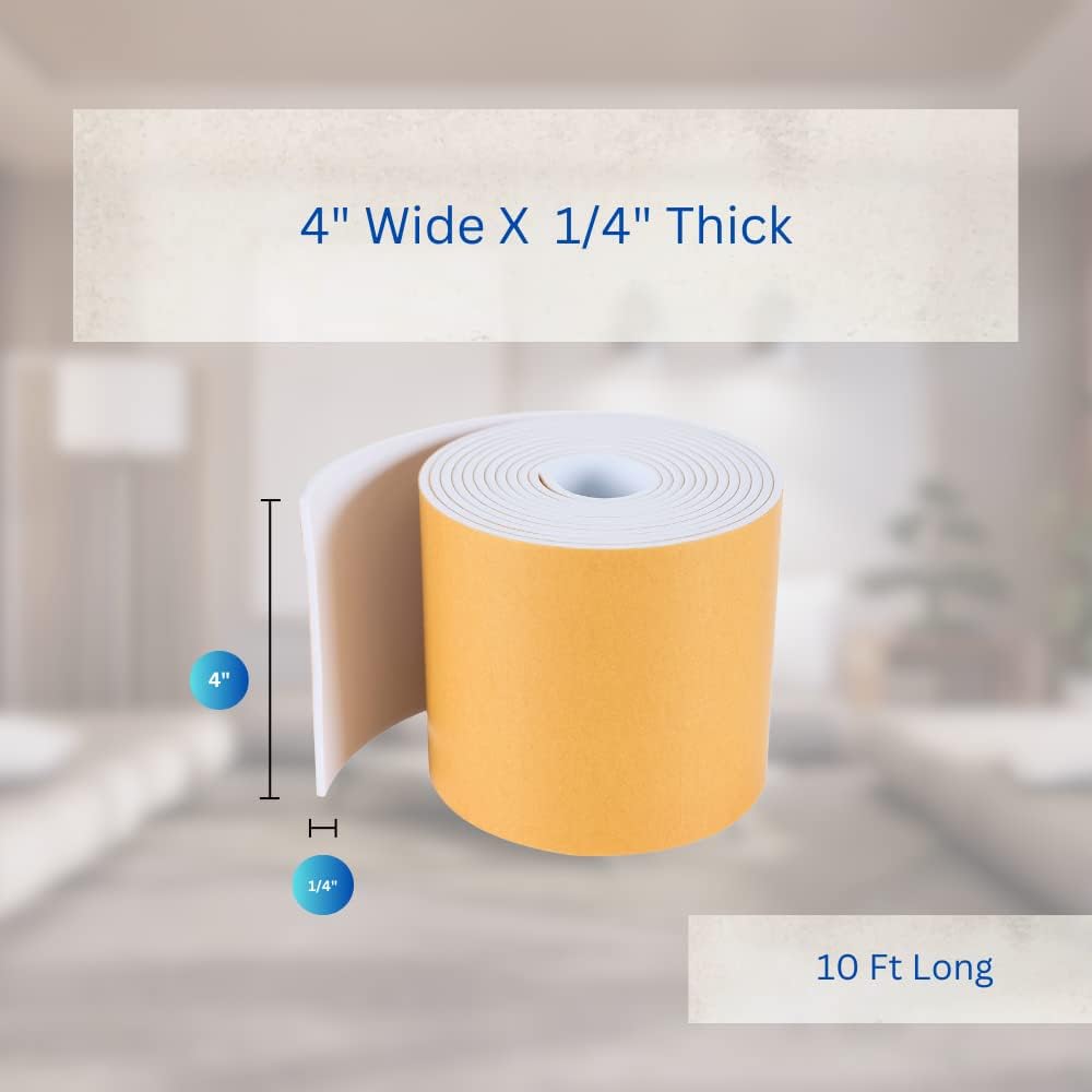 High Density Foam Weather Stripping Door Seal Strip Insulation Tape Roll for Insulating Door Frame, Window, Air Conditioner | Self Adhesive Sealing Weatherstrip (4 in x 1/4 in x 10 Ft, White)