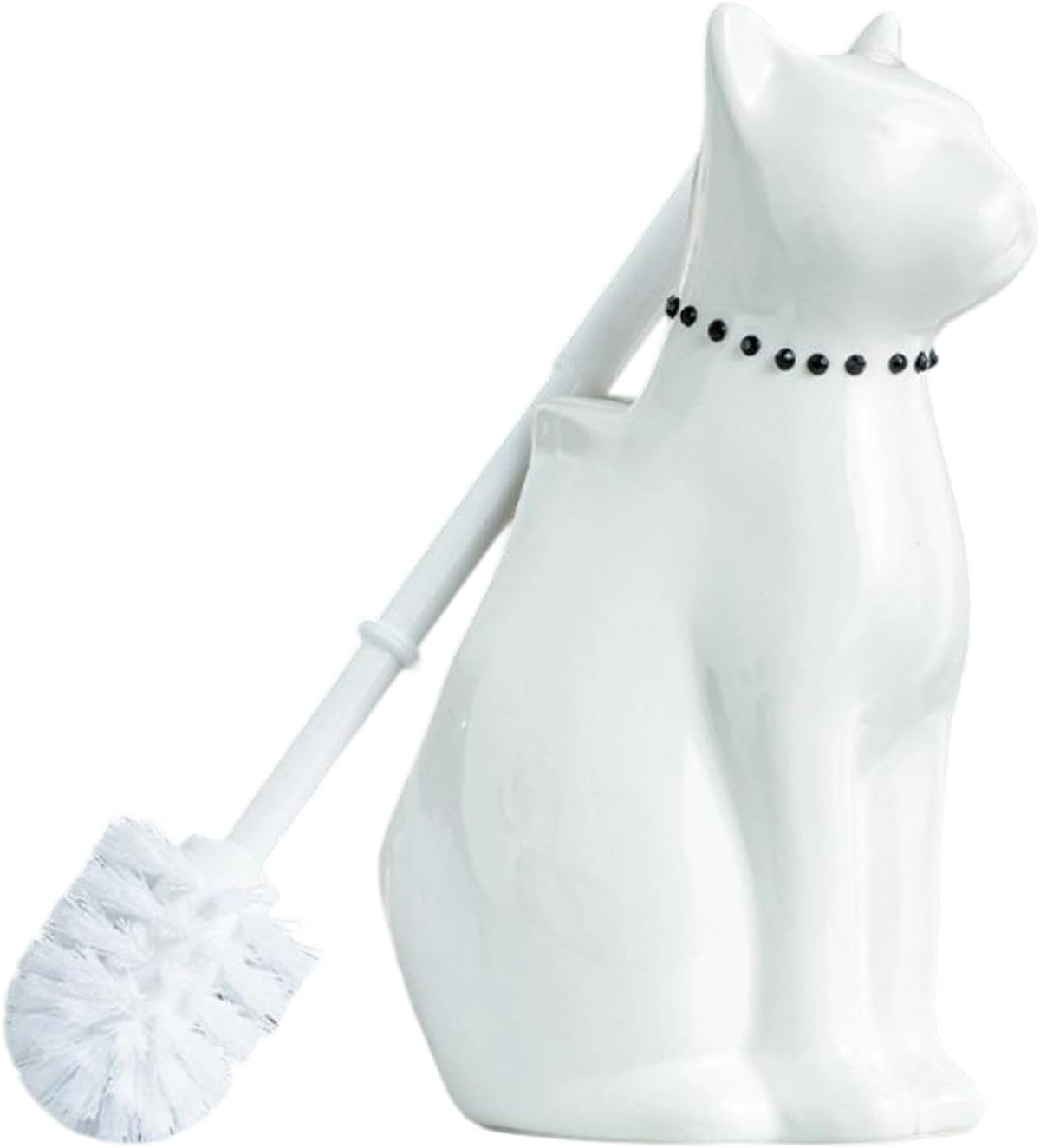 Comeon Ceramic Cat White/Black Toilet Brush and Holder Set, Plastic Handled Scrub Brush for Bathroom Cleaning,10.63"*6.3" (White)
