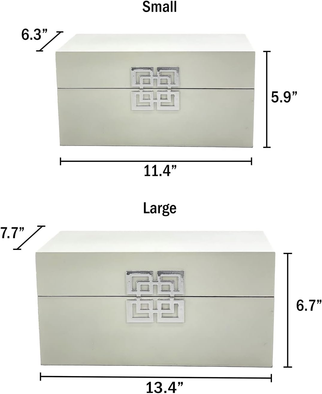 Galt International Storage Box Set Decorative Storage Box w/Hinged Lid Classic Design Wood Decor Boxes with Geometric Clasp Storage for Bedroom & Home - Set of 2 (White & Silver)