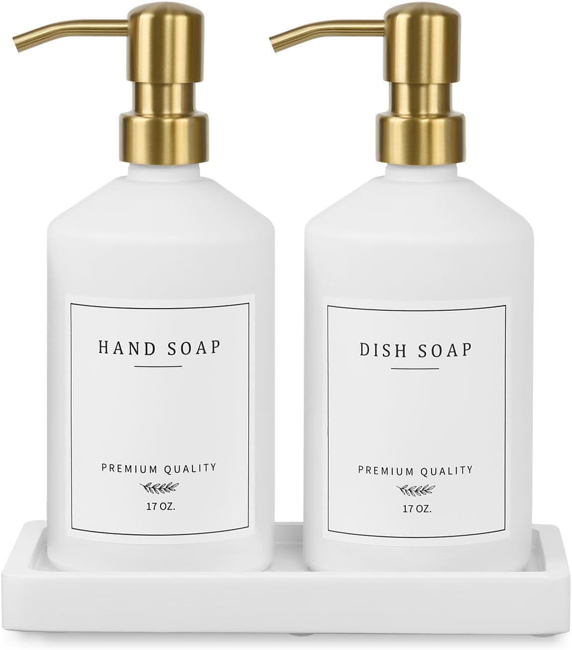 Gold Soap Dispenser Set, Glass Hand and Dish Soap Dispenser Set with Tray,Stainless Pump,14 Stickers for Kitchen Sink,Bathroom Soap and Lotion Dispenser,Modern Counter Decor (White Bottle/Gold Pump)