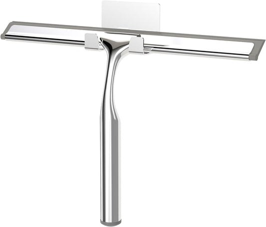 Shower Squeegee for Glass Doors, Stainless Steel Shower Squeegee for Bathroom, Window and Tiles, All-Purpose Squeegee with Adhesive Hook-10”, Chrome