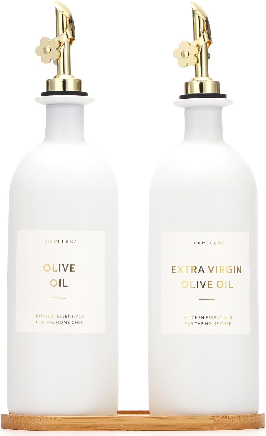 HOMCDALY Olive Oil Dispenser for Kitchen, 16oz Glass Oil Bottles with Bamboo Tray, Gold Oil&Vinegar Cruet Set, Kitchen Dispenser Bottles with Pourer | Set of 2 (16oz – Gold)