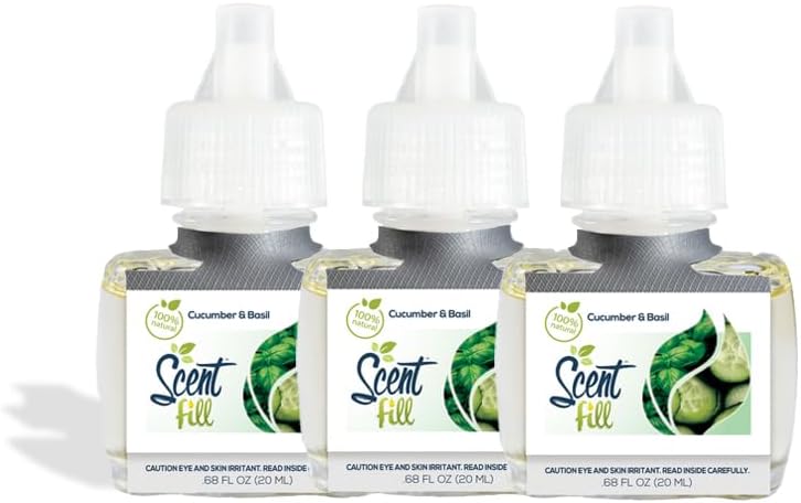 Scent Fill 100% Natural Cucumber Basil Plug in Air Freshener, Scented Oil Refills, 3 Refills