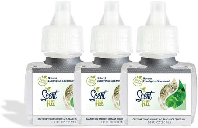 Scent Fill 100% Natural Eucalyptus Spearmint Plug in Air Freshener, Scented Oil Refills, 3 Refills