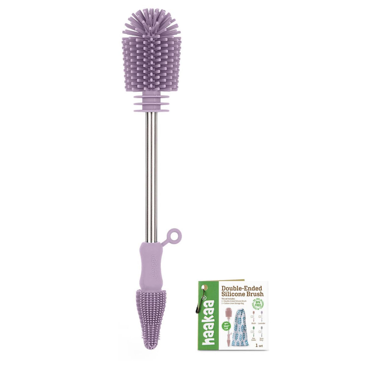 haakaa Cleaning Brush Silicone Bottle Brush Double-Ended Soft Silicone Bristles for Breast Pumps, Breast Milk Collectors, Baby Bottles, Teats, Breastmilk Storage Bags,- Lavender -1pk