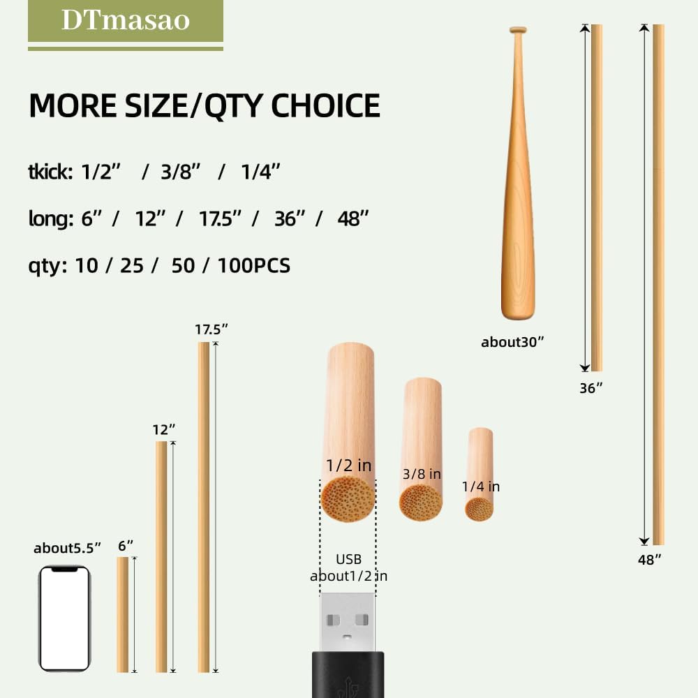 1/2 x 6 Inch 100 PCS Dowel Rods Wood Sticks Wooden Dowel Rods - Unfinished Bamboo Sticks - for Crafts and DIYers