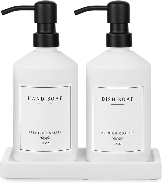White Glass Kitchen Soap Dispenser Set, 17 OZ Hand and Dish Soap Dispenser Set with Rustproof Stainless Pump, 14 Waterproof Labels, Non-Slip Tray, Modern Bathroom Accessories(White Bottle/Black Pump)