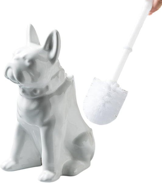 Comeon Ceramic Dog White/Black Toilet Brush and Holder Set, Plastic Handled Scrub Brush for Bathroom Cleaning,13.7"*6.3" (White)