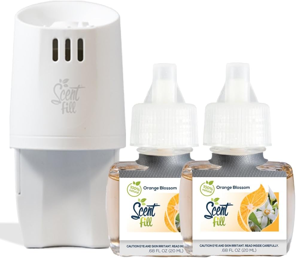 Scent Fill 100% Natural Orange Blossom Plug in Air Freshener, Scented Oil Refills, 2 Refills + Diffuser