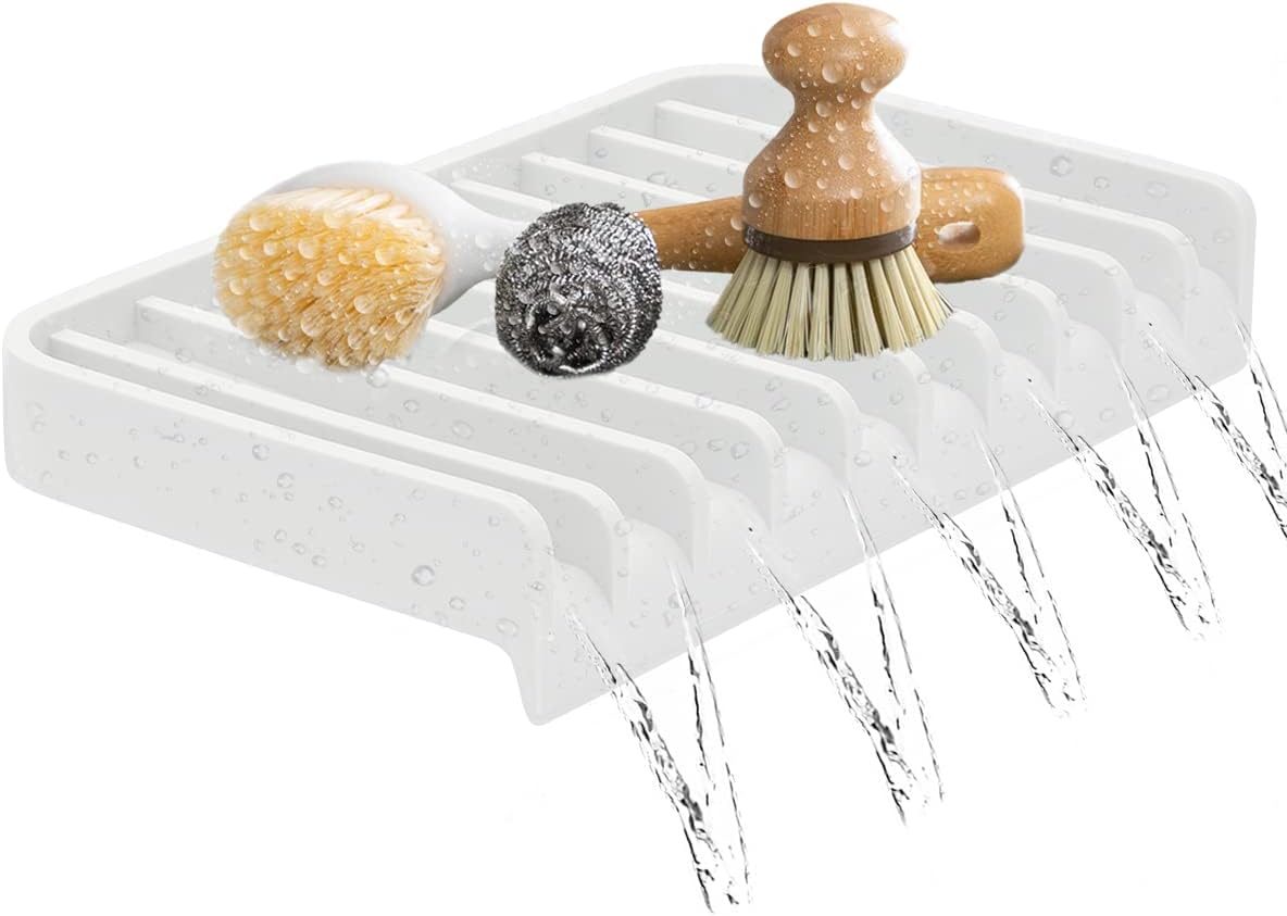 Effilogic Silicone Sponge Holder – Self-Draining Kitchen Sink Organizer, Quick Dry Mat and Counter Protector – Dishwashing Accessories for Sponges, Brushes, and Soap - Large White