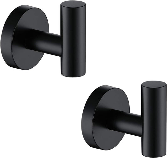 TASTOS Matte Black Bathroom Towel Coat Hook Stainless Steel, 2 Pack Robe Clothes Cabinet Closet Sponges Hooks Holder Round Style Heavy Duty Wall Hook for Bathroom Kitchen Hotel Wall Mounted