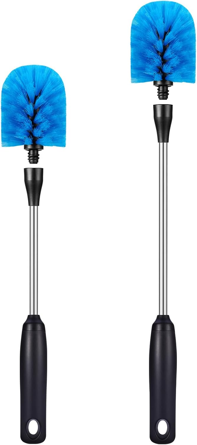 Stainless Steel Bottle Brush with Replaceable Head, Long Handle Scrub Brush for Water Bottles, Glasswares, Mugs, Flasks, Tumblers, Vases, and Kitchen Sink, 2 Pack, 13 in - 15 in
