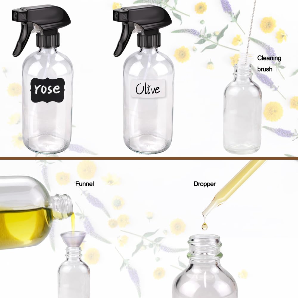 Glass Spray Bottle Kit×10 (2×16 oz, 2×4 oz, 6×2 oz), 9×10 ml Roller Bottles, Anti UV, Multi Size and Versatile, Suitable for Aromatherapy, Facial Moisturizing, Watering, etc.(Clear)