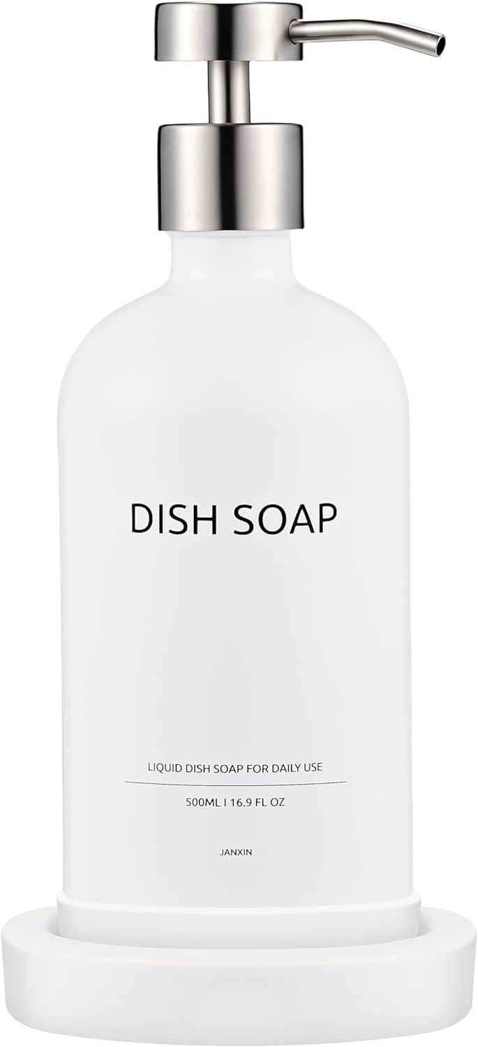 Glass Soap Dispenser Set by Janxin,Bathroom Soap Dispenser Set with Ceramic Tray,Luxury Bathroom Accessories,Modern Kitchen Decor (White+Silver(Dish Soap))