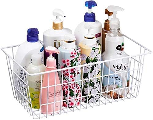 Slideep Freezer Baskets Farmhouse Organizer Storage Basket with Handles, Food Storage Bin for Kitchen Cabinets, Pantry, Closet, Bedroom, Bathroom, Office, 2 Pack, White