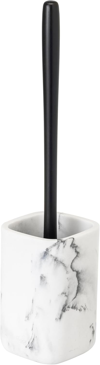 Vigar Zense Toilet Brush and Holder Set, Toilet Bowl Brush with Polyresin Stone Holder, Bathroom Sets for Bathroom Decor and Accessories, White Marble