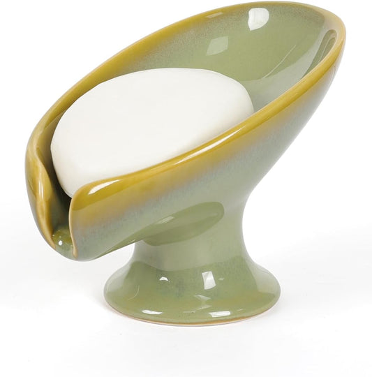 Soap Dish, Self Draining Bar Soap Holder for Bathroom Sink, Leaf Shaped Drainage Ceramic Olive Green Porcelain Decorative Soap Dish, No Suction Cup, ANTIS'S HOME