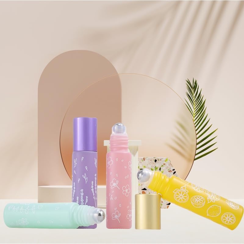 10 Pcs Pink Glass Essential Oil Roller Bottles, 10ml Refillable Roll-on Bottles with Stainless Steel Roller Balls for Travel, Aromatherapy, Lip Balms