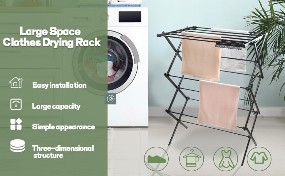 3 Tiers Foldable Clothes Drying Rack, Vertical Laundry Rack Portable and Collapsible for Storage Indoor Outdoor，Pure Black