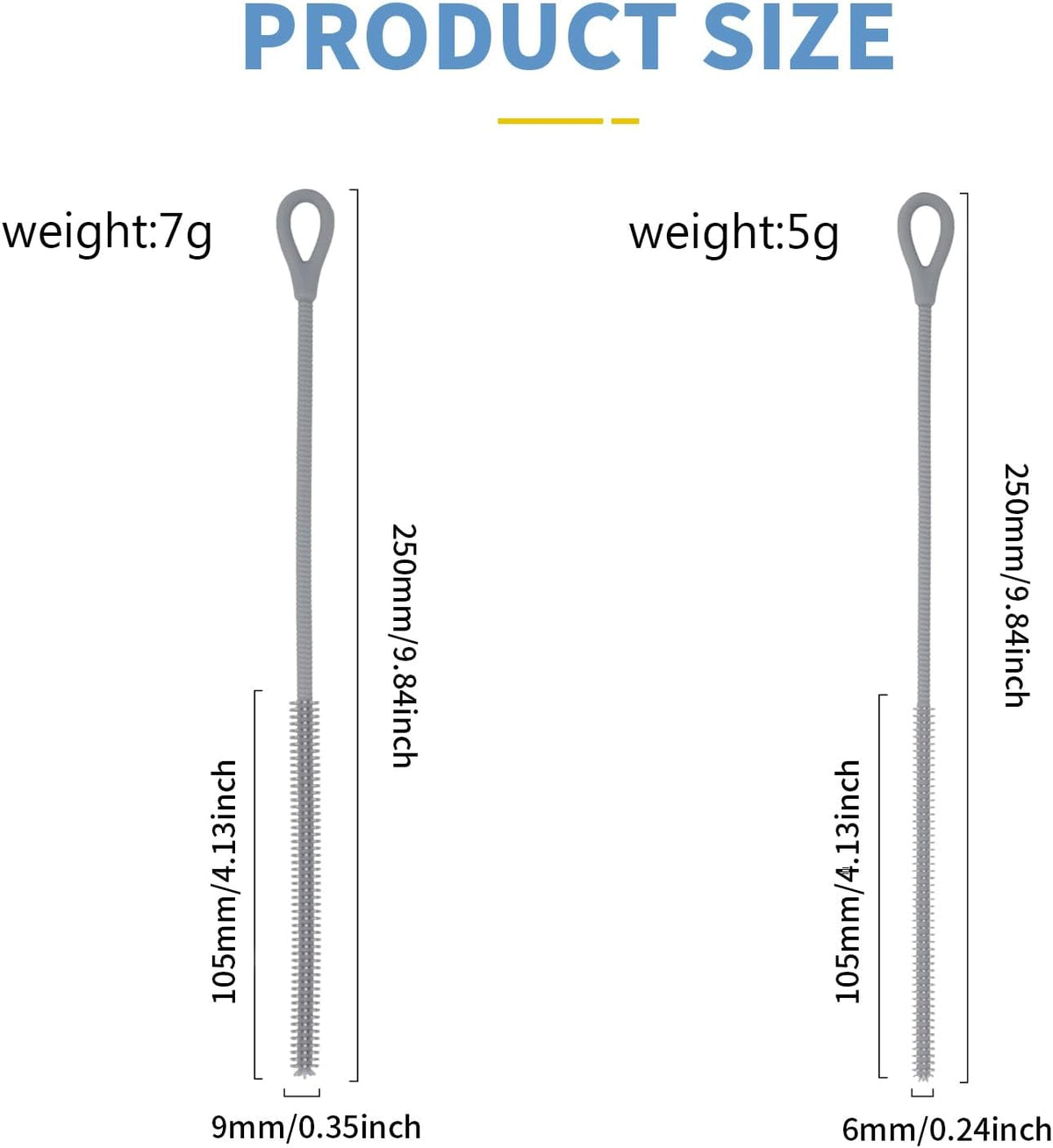 2Pcs Silicone Straw Cleaner Brush, 9.84in Reusable Straw Cleaner with Bendable Steel Core, Extra Long Soft Bottle Brush for Clearing Glass Straws, Smoothie Straws, 9mm&6mm (Gray)