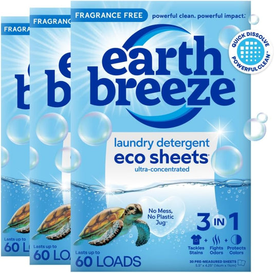 Earth Breeze Laundry Detergent Sheets Fragrance-Free - 180 Loads Eco Liquidless Soap - Travel-Friendly for Hot & Cold Cycles, Tackles Tough Stains & Odors - Gentle on Sensitive Skin, 90 Ct (3 Pack)