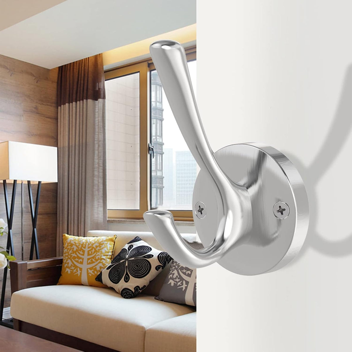 Brushed Nickel Wall Hooks, 6 Pack Coat Robe Hook Heavy Duty Metal Double Bath Hook Wall Mounted, Hand Towel Hooks for Cubicle Bathroom Kitchen Closet Garage