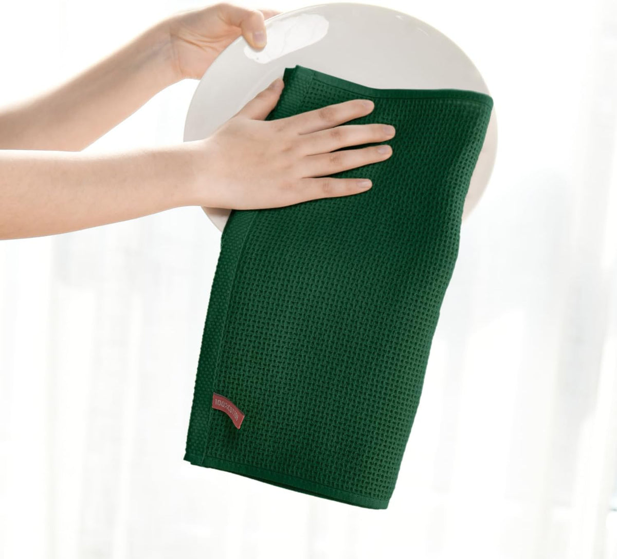 Artoid Mode 100% Cotton Dark Green Waffle Weave Kitchen Dish Cloths, 13x28 Inch Ultra Soft Absorbent Quick Drying Kitchen Dish Towels Set of 4