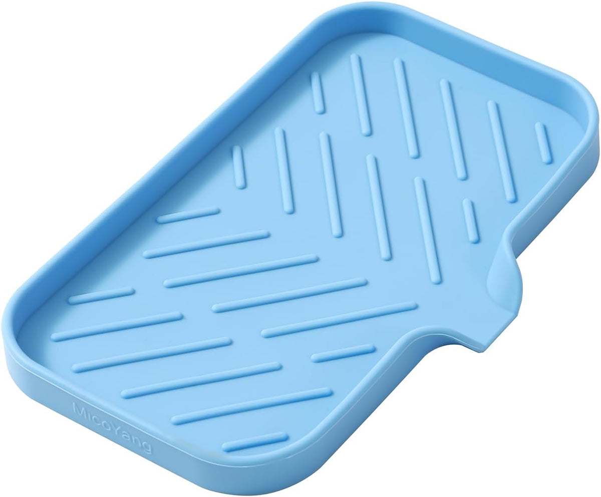 Silicone Bathroom Soap Dishes with Drain Spout-Bathroom and Kitchen Sink Organizer,Sponge Holder,Dish Soap Tray,Perfect for Dispenser,Scrubber,Bottle on Sink or Counter-Light Blue 9.6"×5.3"