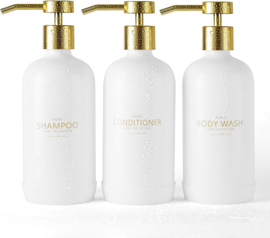 Shampoo and Conditioner Dispenser Set of 3,Refillable 20.5OZ Shampoo Bottles with Non-Slip Protective Silicone Pad,Shower Soap Dispenser with Waterproof Labels for Bathroom (White)