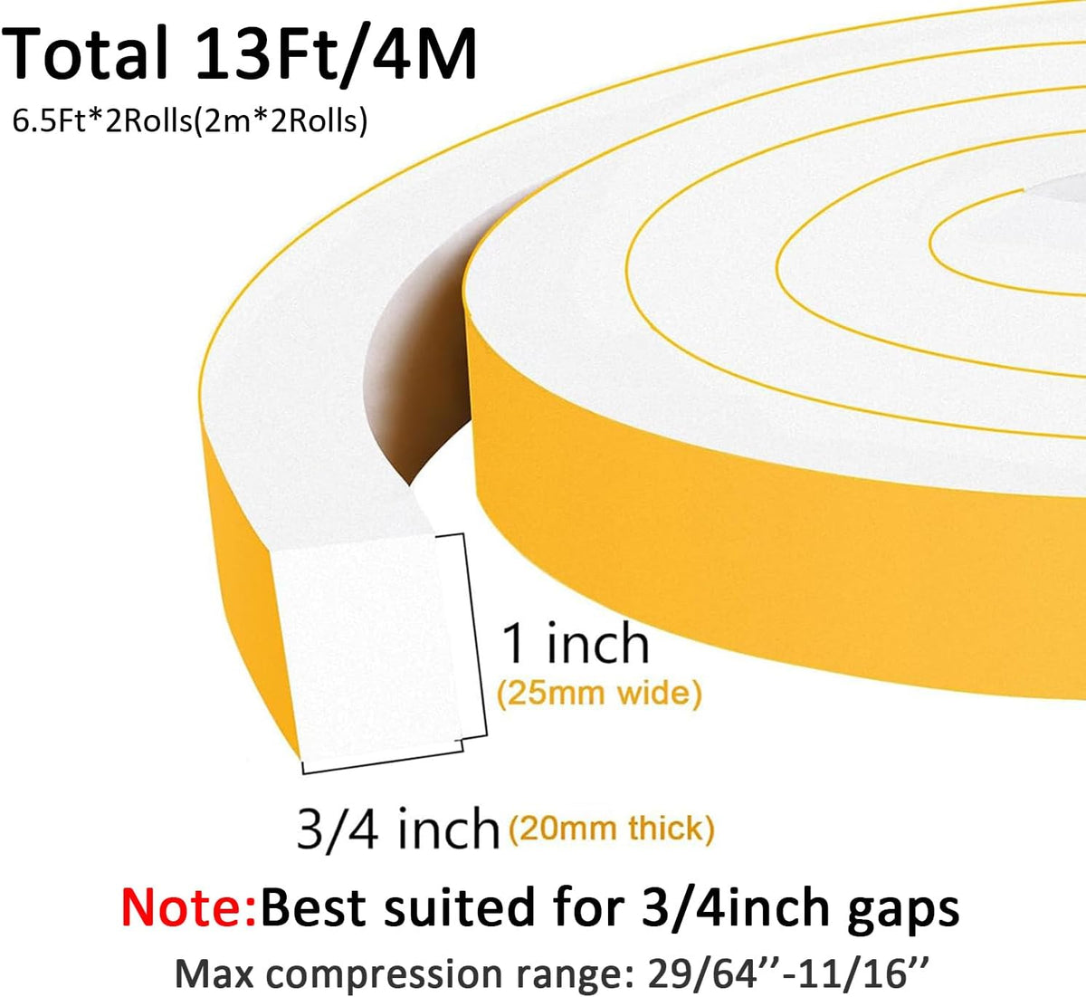 Strong Adhesive White AC Foam Insulation, High Density Foam Insulation Tape for Automotive, Furniture Protective, Gasket Seal, Self Adhesive Foam Tape(1 in x 3/4 in x 13Ft)