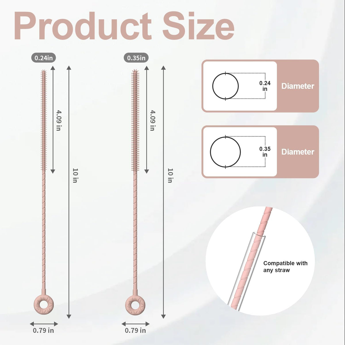 YOTIME Silicone Straw Cleaner Brush, 2 Pcs Reusable Straw Brush(6mm+9mm) for Cleaning Narrow & Wide Straws, Tumblers, Pink