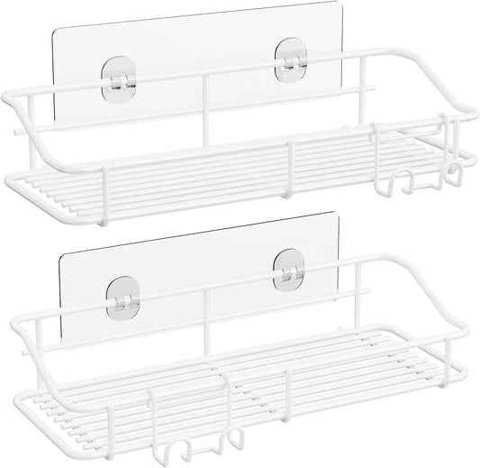 Nieifi Shower Caddy Shelf with Hooks Storage Rack Organizer Adhesive Stainless Steel Without Drilling for Bathroom, Lavatory, Washroom, Restroom, Shower, Toilet, Kitchen - 2 Pack (White)