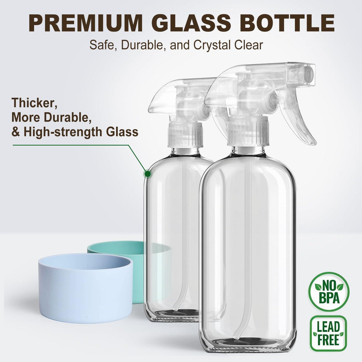 Glass Spray Bottles with Silicone Sleeves (2 Pack, 16 oz), Mist and Stream Empty Refillable Containers, Water Sprayer Misting Bottle for Cleaning Solutions, Planting, Hair Spraying, Green & Grey
