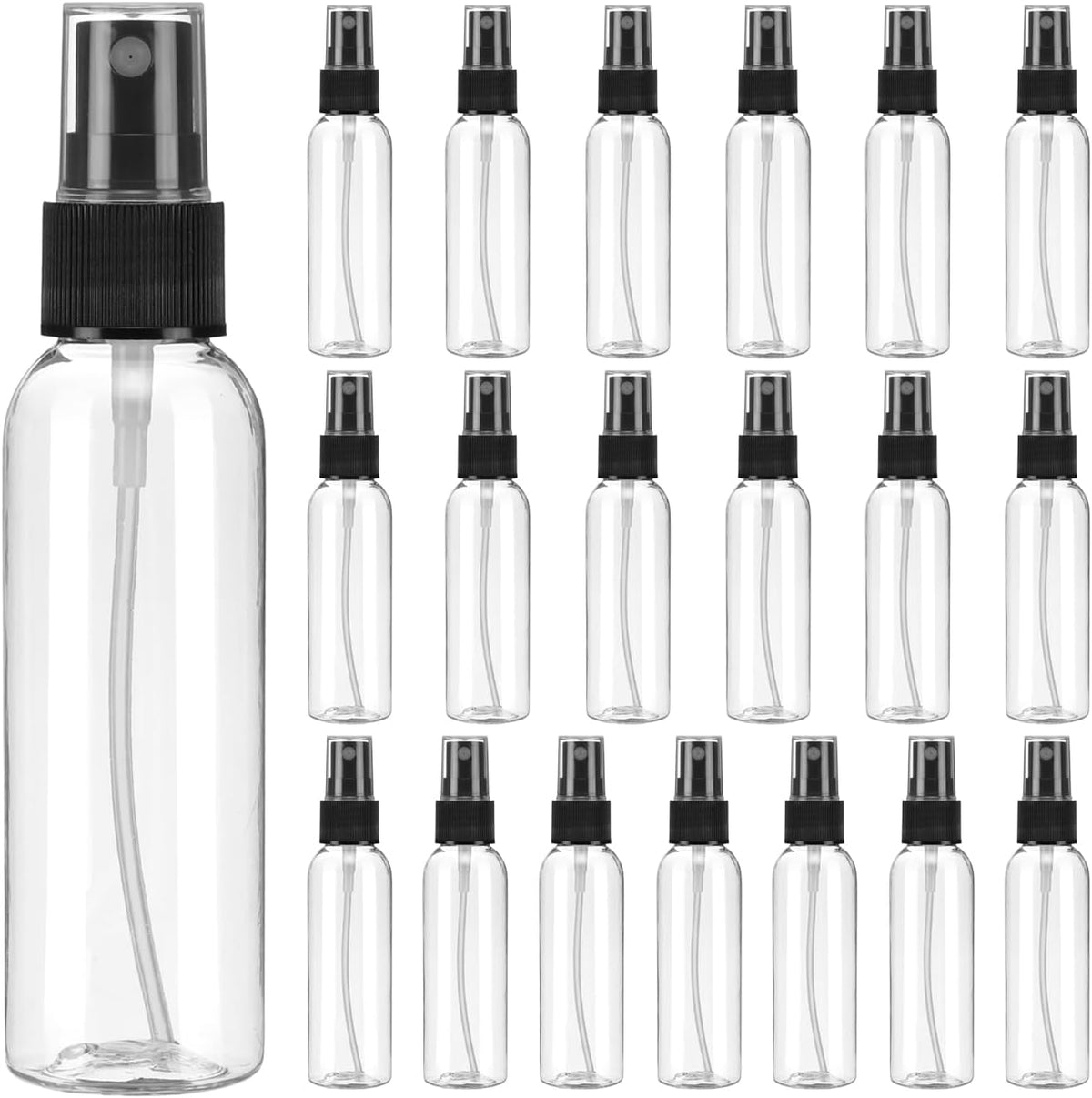 uxcell 20 Pack Spray Bottles, 2 Oz/60ML Clear Empty Mist Plastic Mini Travel Bottle Set,Small Refillable Liquid Containers for Household Use, Essential Oil, Cleaning (Transparent Black)