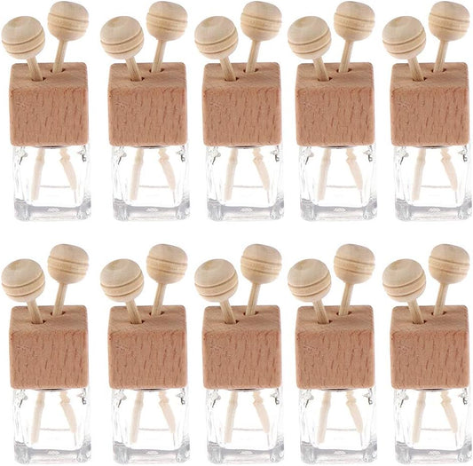 10 Pack,8ml Clear Glass Car Air Freshener Perfume Clip Diffuser,Empty Essential Oil Perfume Vials Diffuser Vent Outlet,Thick Glass Ornament With Wooden Caps,FREE Funnel,Dropper