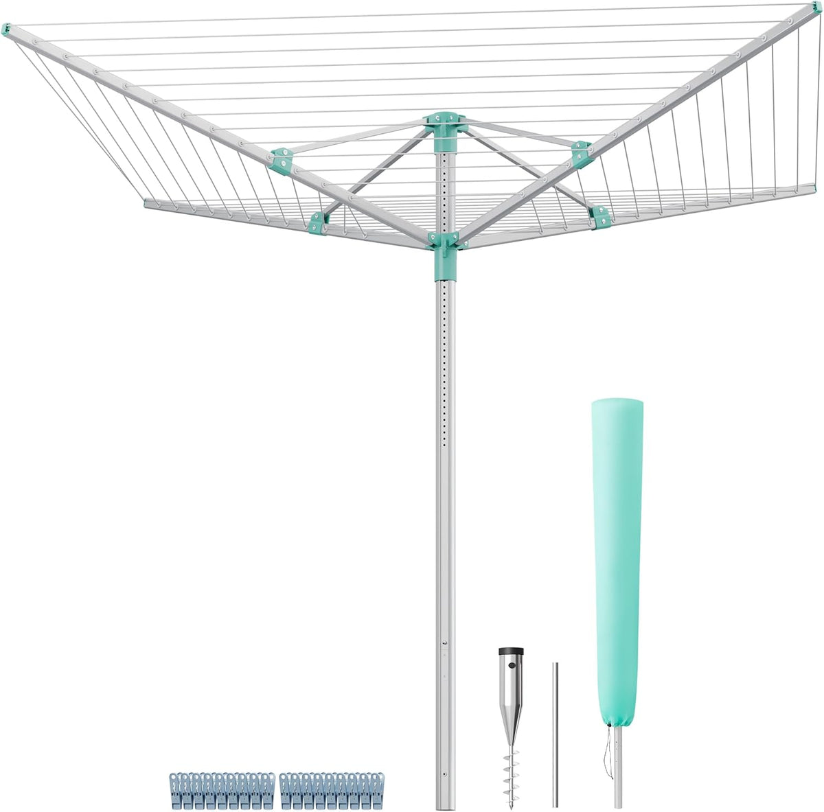SONGMICS Umbrella Drying Rack, Retractable Outdoor Drying Rack, Height Adjustable, 197 ft Long Clothesline, Holds 6 Laundry Loads, for Garden, with Ground Spike, Cover, Silver and Green ULLR302E01