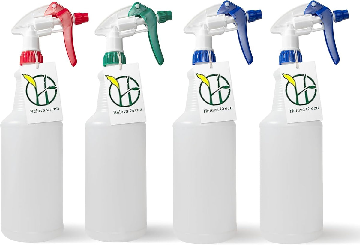 Heavy Duty 32oz Plastic Spray Bottles for Cleaning - Large Empty Industrial Bottles for Gardening Solutions, Vinegar, Chemicals, Professional Cleaners - Adjustable Sprayer Nozzle - 4 Pack